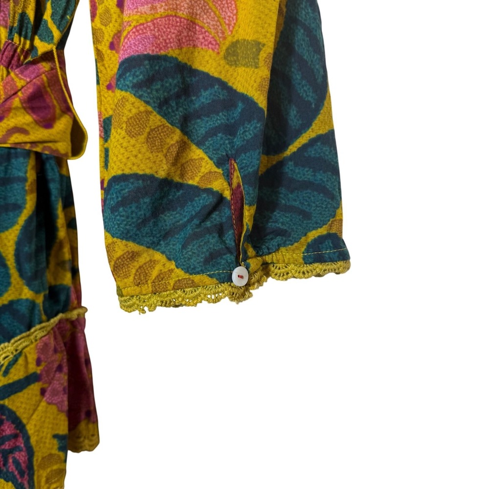 FARM Rio Yellow Tropical Tapestry Ruffled Mini Dress - Floral Long Sleeve Large - Picture 8 of 13